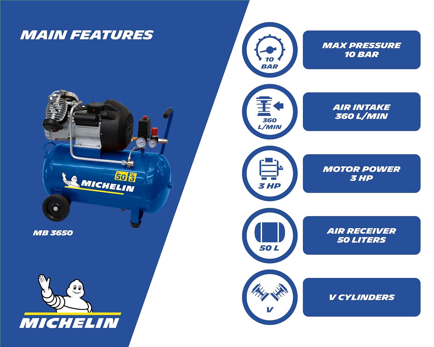 Olejový, výkonný, vzduchový kompresor, 10 barů, 50 l, 2,2 kW, 365 l/min., 230 V MICHELIN MB 3650 model 2024